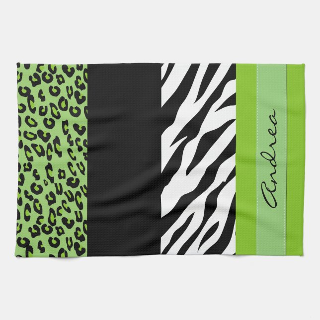 Linge De Cuisine Empreinte de léopard, Zebra Print, Vert, Votre nom (Horizontal)