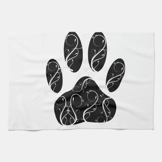 Linge De Cuisine Empreinte de patte Chien Noir Avec Flouris Blanc (Horizontal)