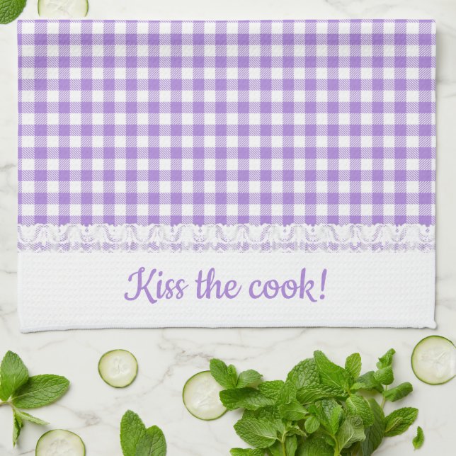 Linge De Cuisine En vichy dentelle et nom dans le violet de la lava (Plié)