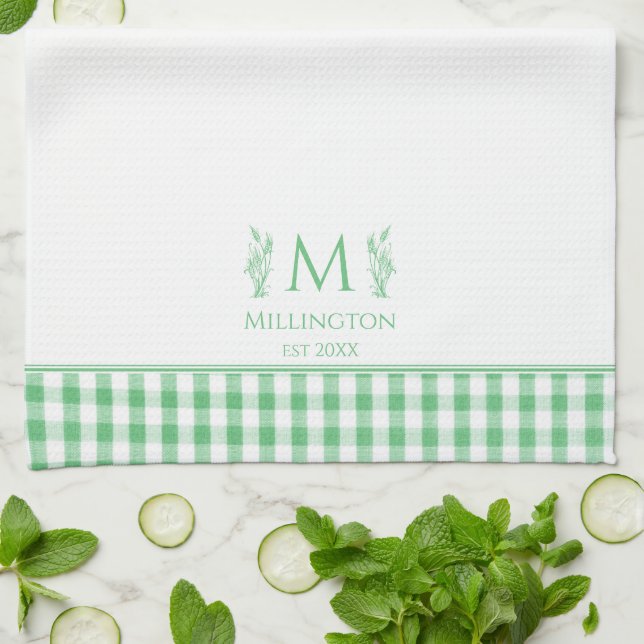 Linge De Cuisine En vichy vert et blanc Nom personnalisé Monogramme (Plié)