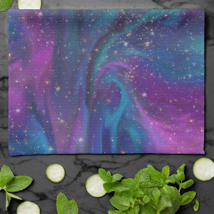 Linge De Cuisine Encre cosmique Turquoise bleu violet Galaxie Neb