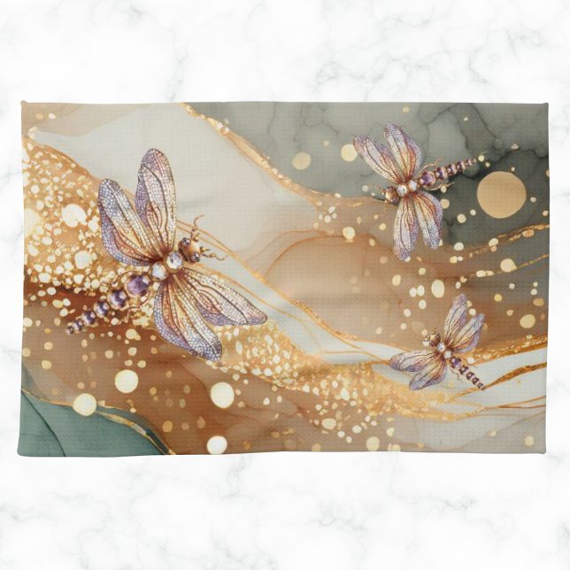 LINGE DE CUISINE ENCRE D'ALCOOL ET DRAGONFRE DE BIJOUX (Alcohol ink and jewel dragonfly kitchen hand towel.  Elegant. Customizable.)
