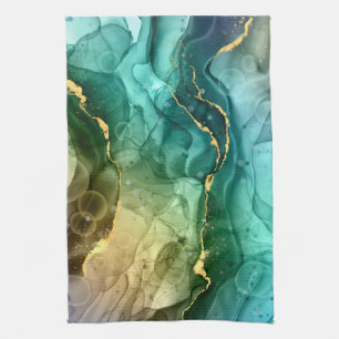 Linge De Cuisine Encre Liquide Or, Turquoise et gris foncé