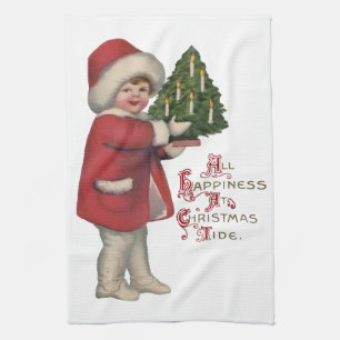 Linge De Cuisine Enfant avec arbre de Noël Illustration Vintage Art