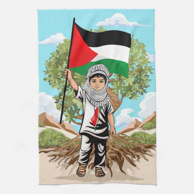Linge De Cuisine Enfant avec Keffiyeh Palestine Drapeau et olivier (Vertical)