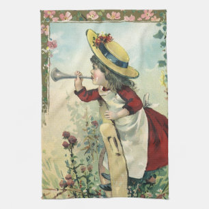 Linge De Cuisine Enfant victorienne vintage, fille soufflant dans u