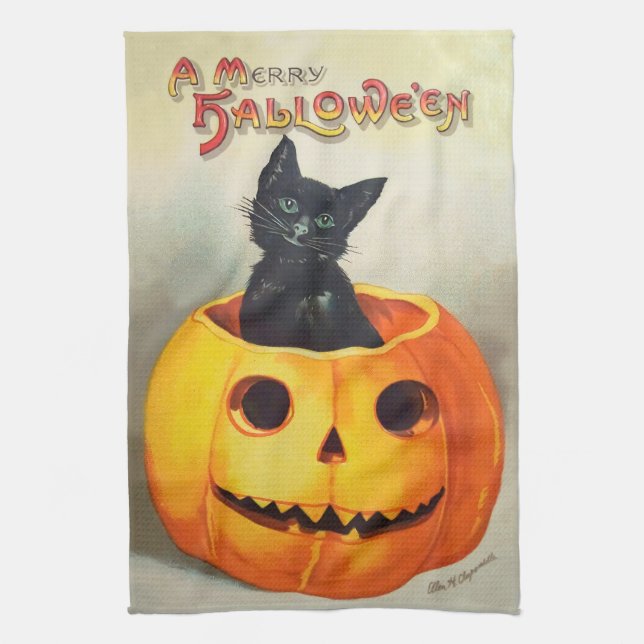 Linge De Cuisine Ephemera Vintage Chat noir et Citrouille Halloween (Vertical)