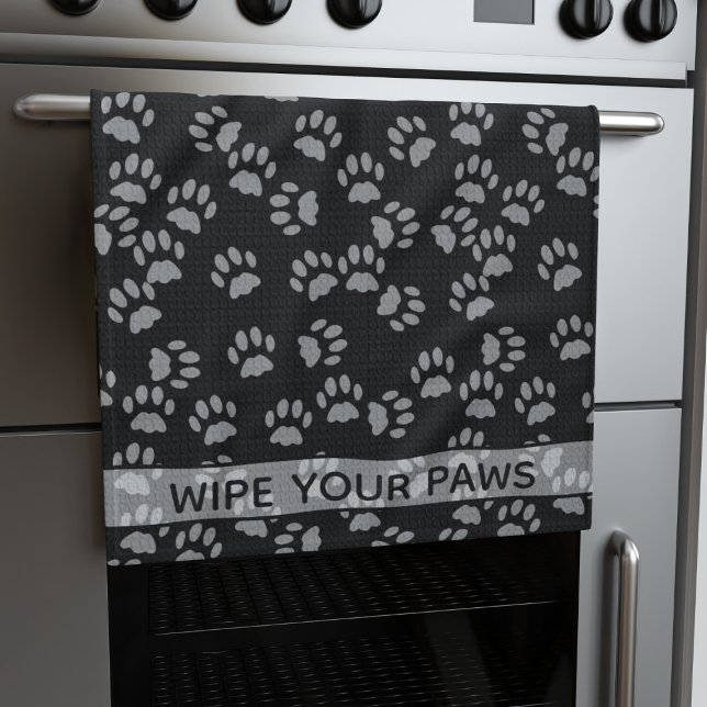 Linge De Cuisine Essuyer vos pattes Chat noir Empreinte de patte se (Wipe your paws! You can change the text to your name)