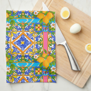 Linge De Cuisine Été, Carreaux siciliens, agrumes, citrons Médit
