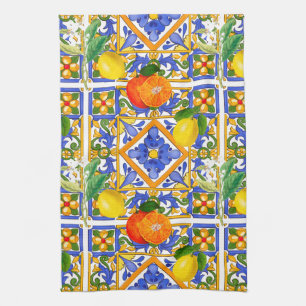 Linge De Cuisine Été, Carreaux siciliens, agrumes, oranges, majolic