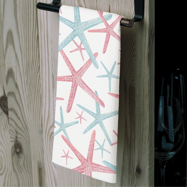 Linge De Cuisine Eté Starfish Elégante plage (Summer Teal Pink Nautical Starfish Beach House Kitchen Towel)