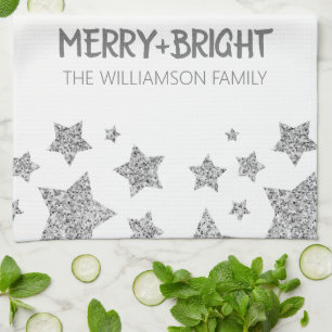 Linge De Cuisine Étincelle étoile Joyeux Noël brillant blanc argent
