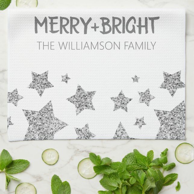 Linge De Cuisine Étincelle étoile Joyeux Noël brillant blanc argent (Plié)