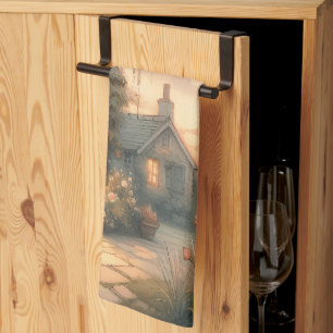 Linge De Cuisine Fairytale Cottage au coucher du soleil avec Rose