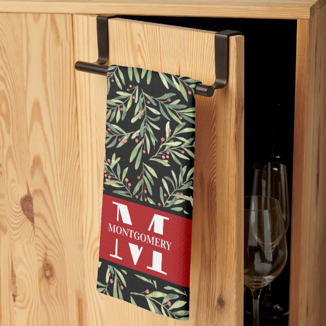 Linge De Cuisine Famille Monogram Christmas Holly (Pliage en tiers)