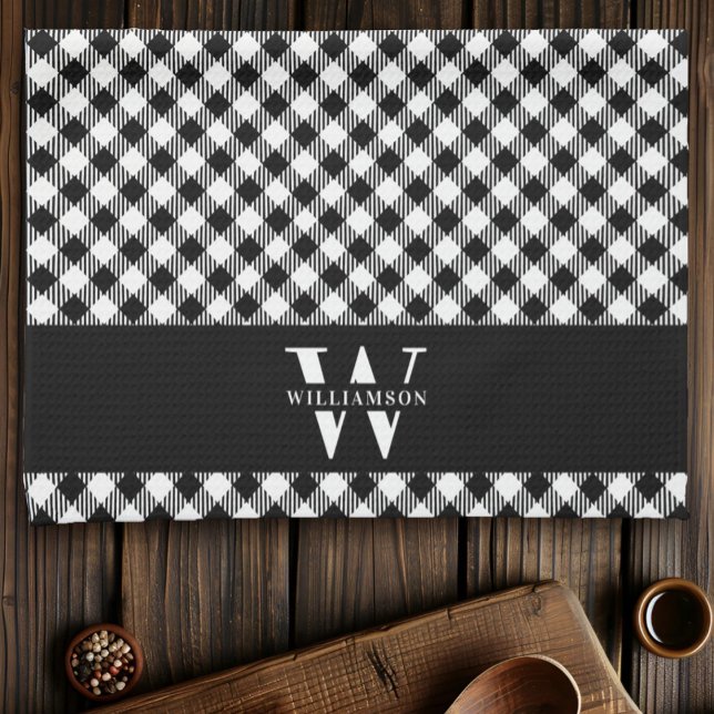 Linge De Cuisine Famille Monogramme noir et blanc Vichy Plaid Moder (Créateur téléchargé)