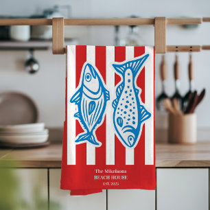 Linge De Cuisine Famille personnalisée Stripes de sardine rouge mar