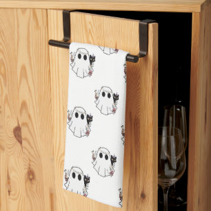 Linge De Cuisine Fantasmes blancs et chats noirs Halloween blanc