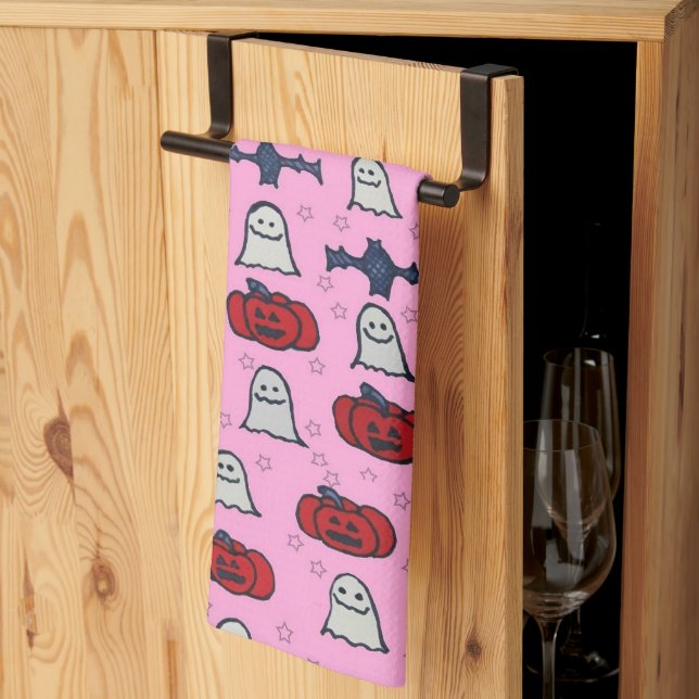 Linge De Cuisine Fantômes d'Halloween rose, chauves-souris et Jack  (Pliage en tiers)