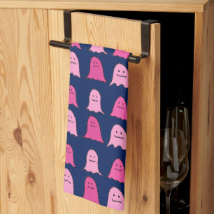 Linge De Cuisine Fantômes d'Halloween rose sur bleu foncé