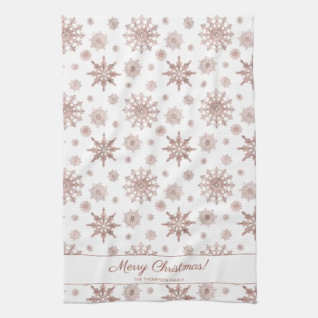 Linge De Cuisine Faux Rose Gold Color Look Snowflakes & Text (Vertical)