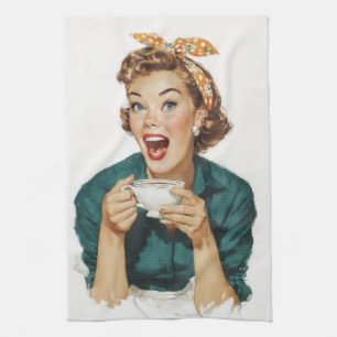 Linge De Cuisine Femme Rétro Joyeuse qui Apprécie son Café