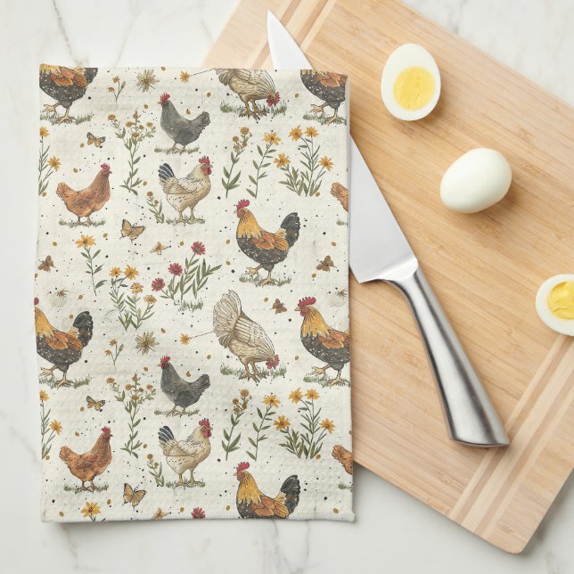 Linge De Cuisine Ferme des poules de coq beige rétro (Quart Plié)