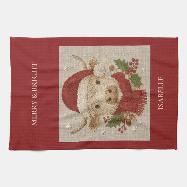 Linge De Cuisine Ferme rustique Highland Cow avec Santa Hat (Horizontal)