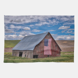Linge De Cuisine Fermes Grange rouge rustique avec drapeau améric