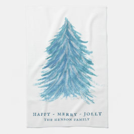 Linge De Cuisine Festif Bleu Arbre de Noël Aquarelle Vacances
