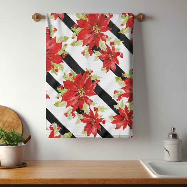 Linge De Cuisine Festif Noël Rouge Poinsettia Aquarelle Florale (Créateur téléchargé)