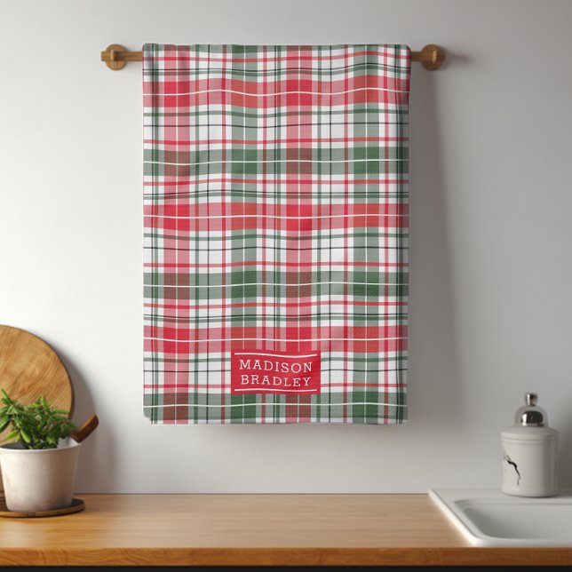 Linge De Cuisine Festif Noël Tartan Tartan Nom personnalisé (Créateur téléchargé)