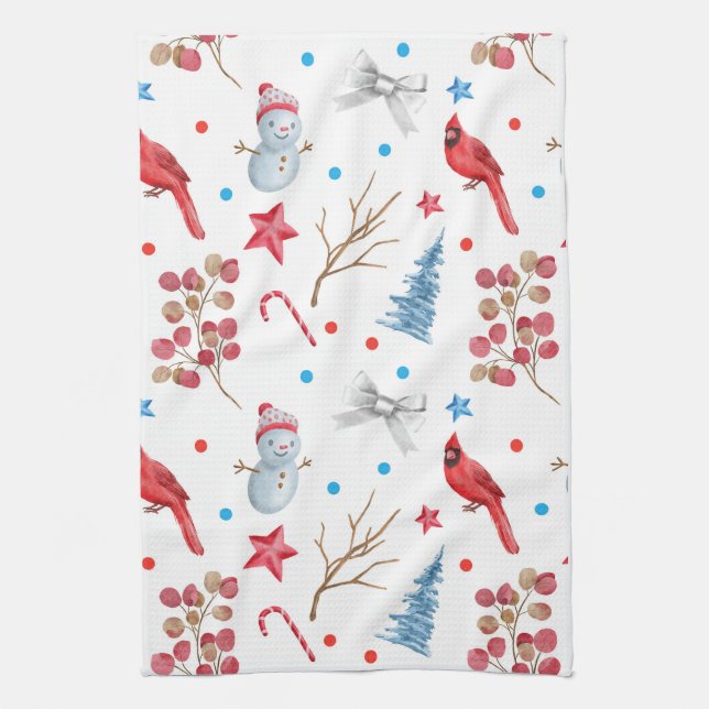 Linge De Cuisine Festif Snowmen Red Cardinals Snow Trees (Vertical)