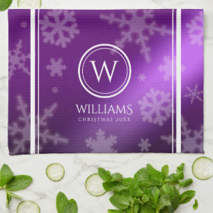 Linge De Cuisine Festif Violet Foil Snowflakes Nom du monogramme