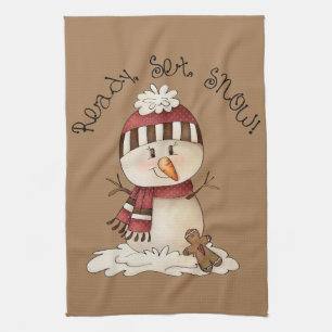 Linge De Cuisine Festive Country snowman prêt à mettre neige