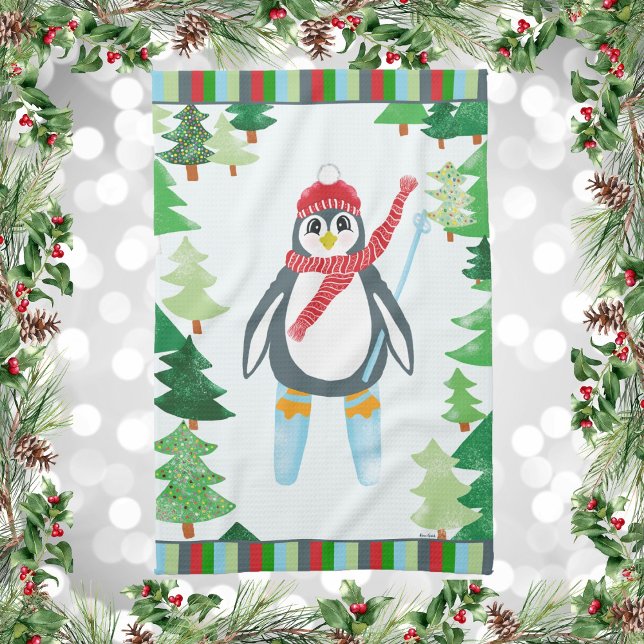 Linge De Cuisine Festive Pingouin Ski Design de Noël (Winter Holiday Penguin Skiing on a Mountain Of Christmas Trees Kitchen Towel)