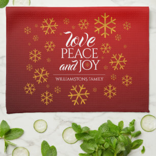 Linge De Cuisine Festive Red Love, Peace and Joy with Snowflakes