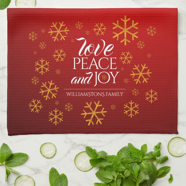 Linge De Cuisine Festive Red Love, Peace and Joy with Snowflakes (Plié)