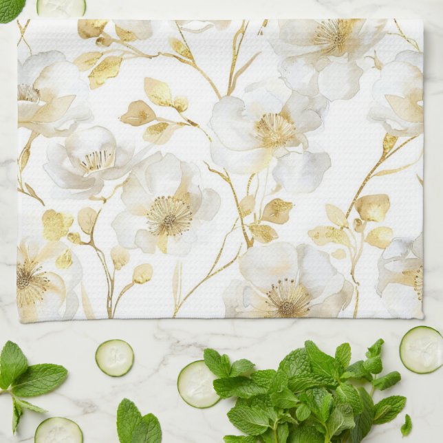 Linge De Cuisine Fête des mariées Chic Gold White Flowers (Plié)