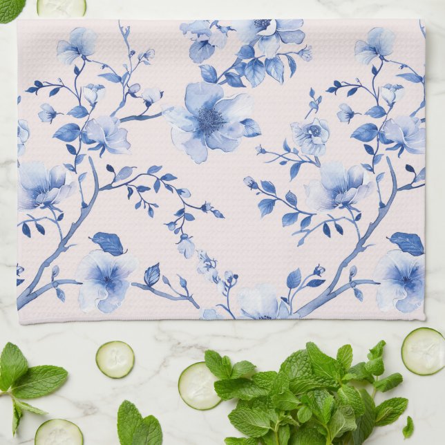 Linge De Cuisine Fête des mariées florale bleu bleu romantique (Plié)