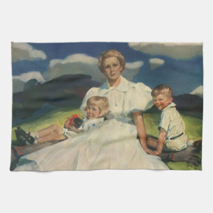 Linge De Cuisine Fête des Mères vintage, maman avec enfants