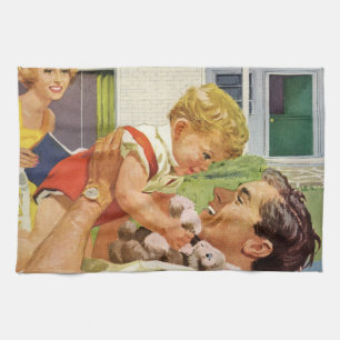 Linge De Cuisine Fête des Pères vintage, famille heureuse en banlie