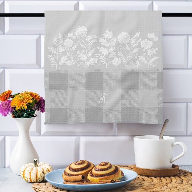 Linge De Cuisine Feuillage Automne Fleurs et feuillage Gris Plaid (Fall Foliage Autumn Flowers & Foliage Grey Plaid Kitchen Towel)
