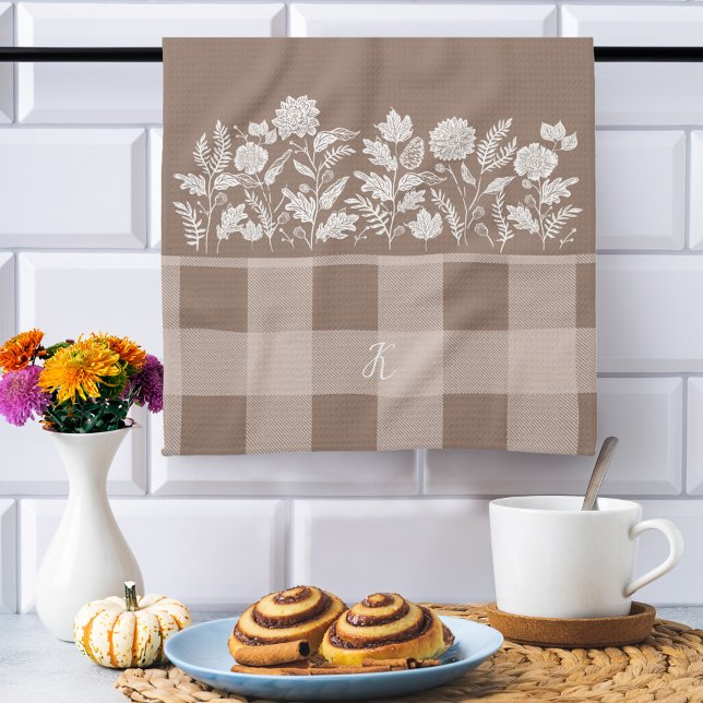 Linge De Cuisine Feuillage d'automne Fleurs d'automne & Foliage Tau (Fall Foliage Autumn Flowers & Foliage Taupe Plaid Kitchen Towel)