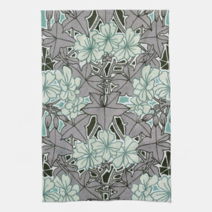 Linge De Cuisine feuillage vert sauge et gris Art nouveau floral