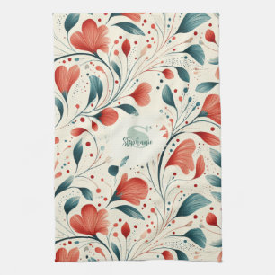 Linge De Cuisine Feuille bleue blanche et motif floral rouge