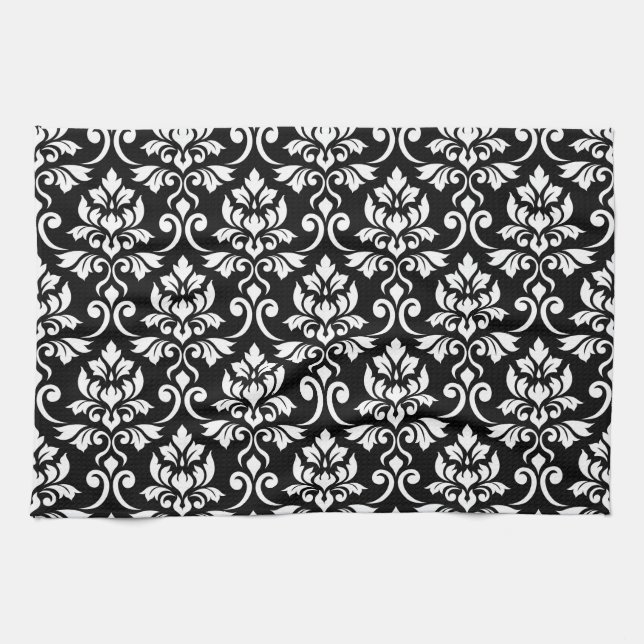 Linge De Cuisine Feuille Damask Grand Motif blanc sur noir (Horizontal)