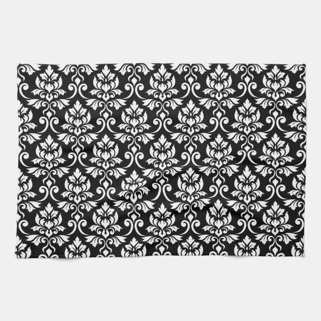 Linge De Cuisine Feuille Damask Patte blanc sur noir (Horizontal)