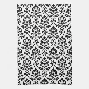 Linge De Cuisine Feuille Damask (v) Motif noir sur blanc