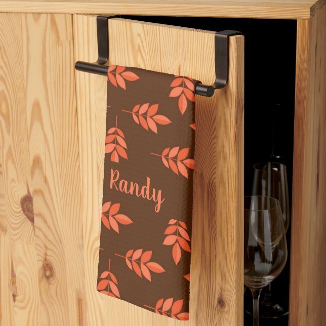 Linge De Cuisine Feuille rouge nom personnalisé brun (Pliage en tiers)